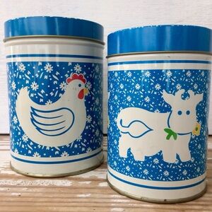 VINTAGE CANISTER SET Cow and Chicken / Rooster Set of 2  Blue and White Kitchen